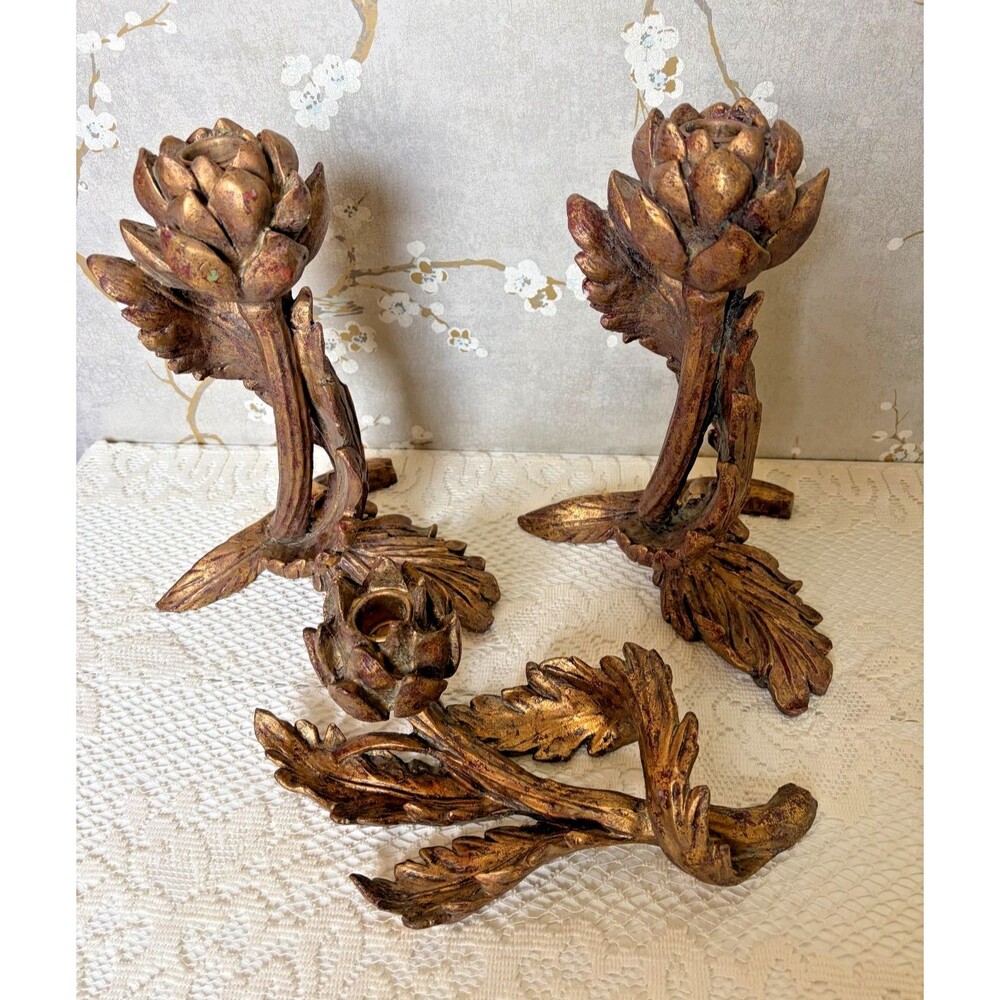 RAZ Imports Artichoke Candlestick Holders 3 Pc Set Gold Botanical VTG